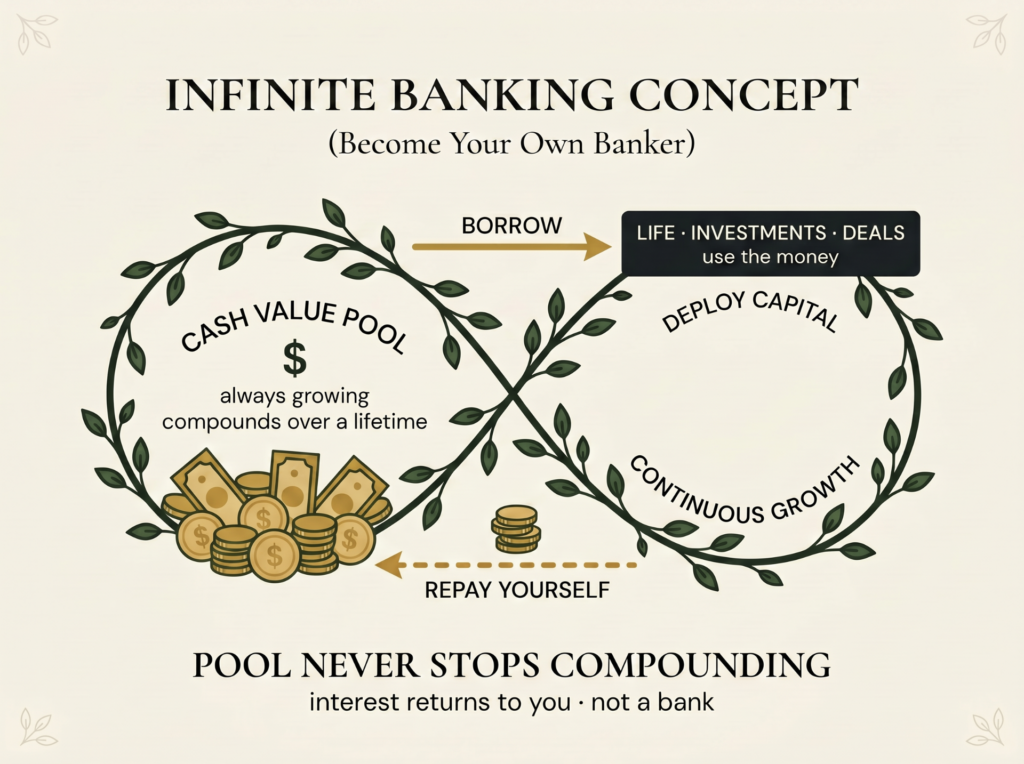 Infinite Banking Concept: borrow against your cash value pool while it keeps compounding